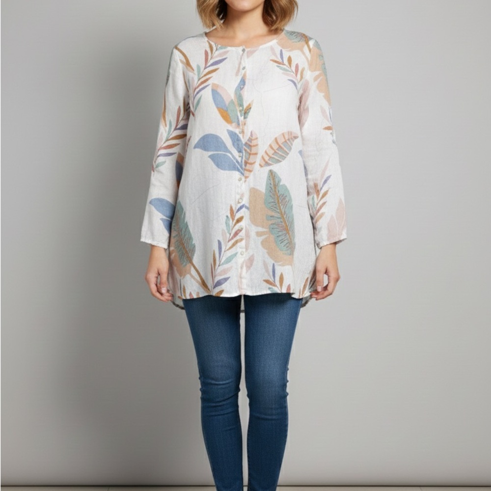 Cynthia Rowley Floral Print Linen Button-Up Blouse Women's Plus Size 2XL